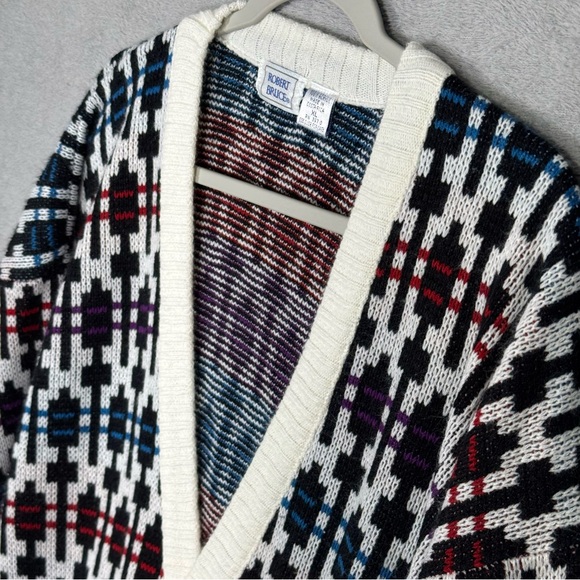 Robert Bruce VTG XL Geometric Knit Cardigan Sweater 80s Y2K Pattern Black White - Picture 2 of 15